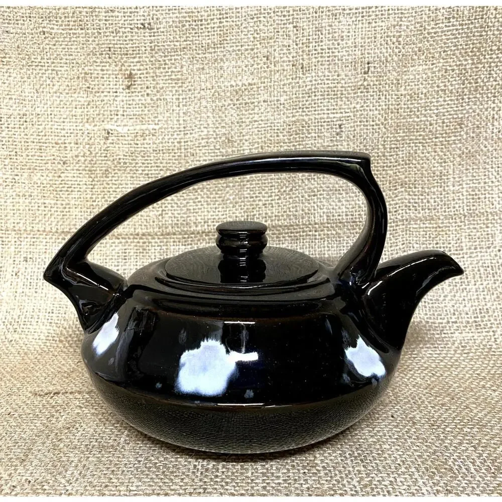 Vintage Black Glazed Squat Red Clay Teapot Set Hand Made